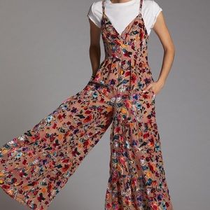 Anthropologie flounced floral burnout velvet jumpsuit